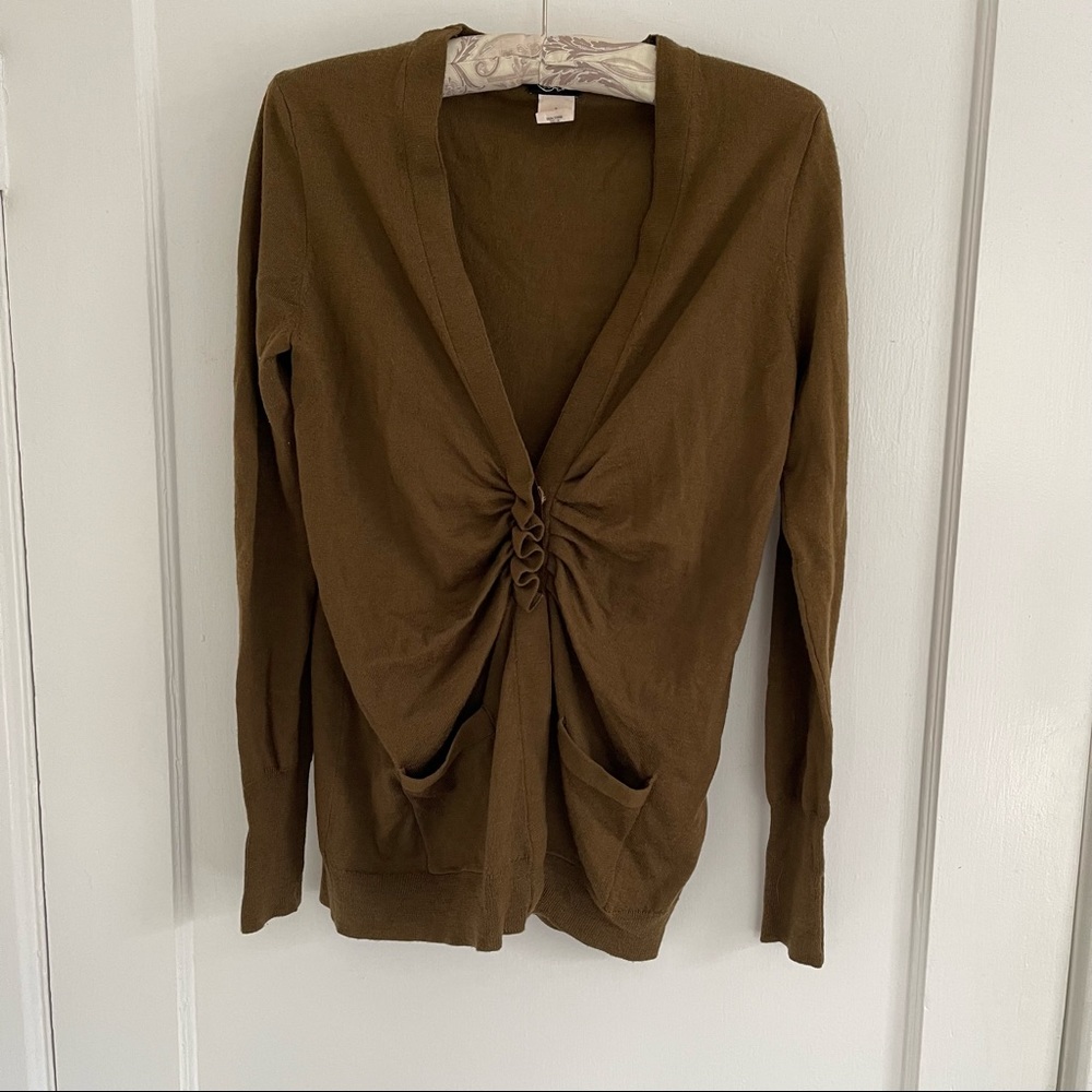 J Crew Olive greenish-brown merino wool ruched front 3-snap cardigan small